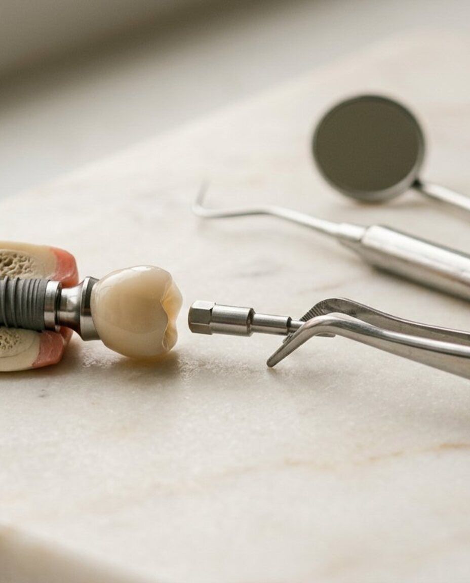Composition clinique avec implant, couronne et instruments de précision