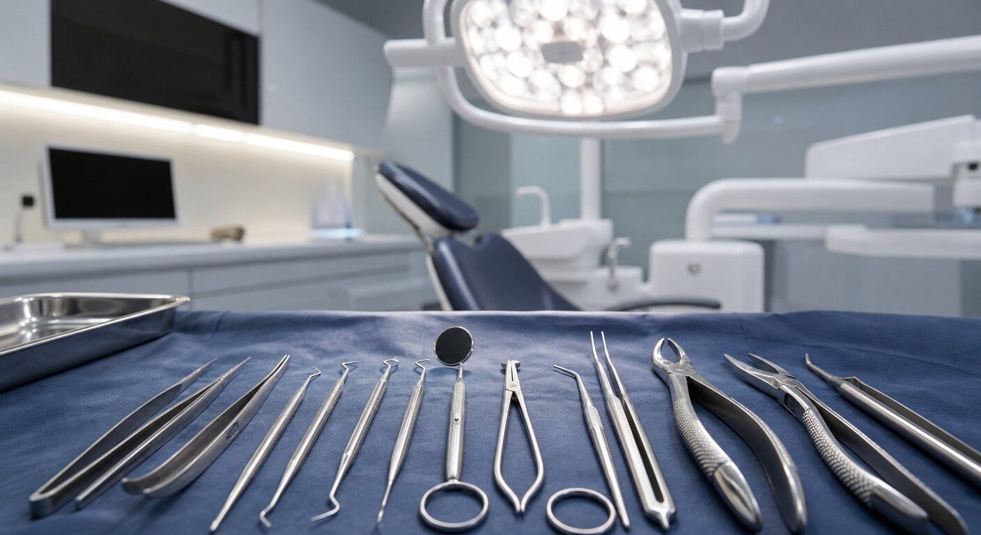 Instruments de chirurgie dentaire alignés dans une salle de soins vide