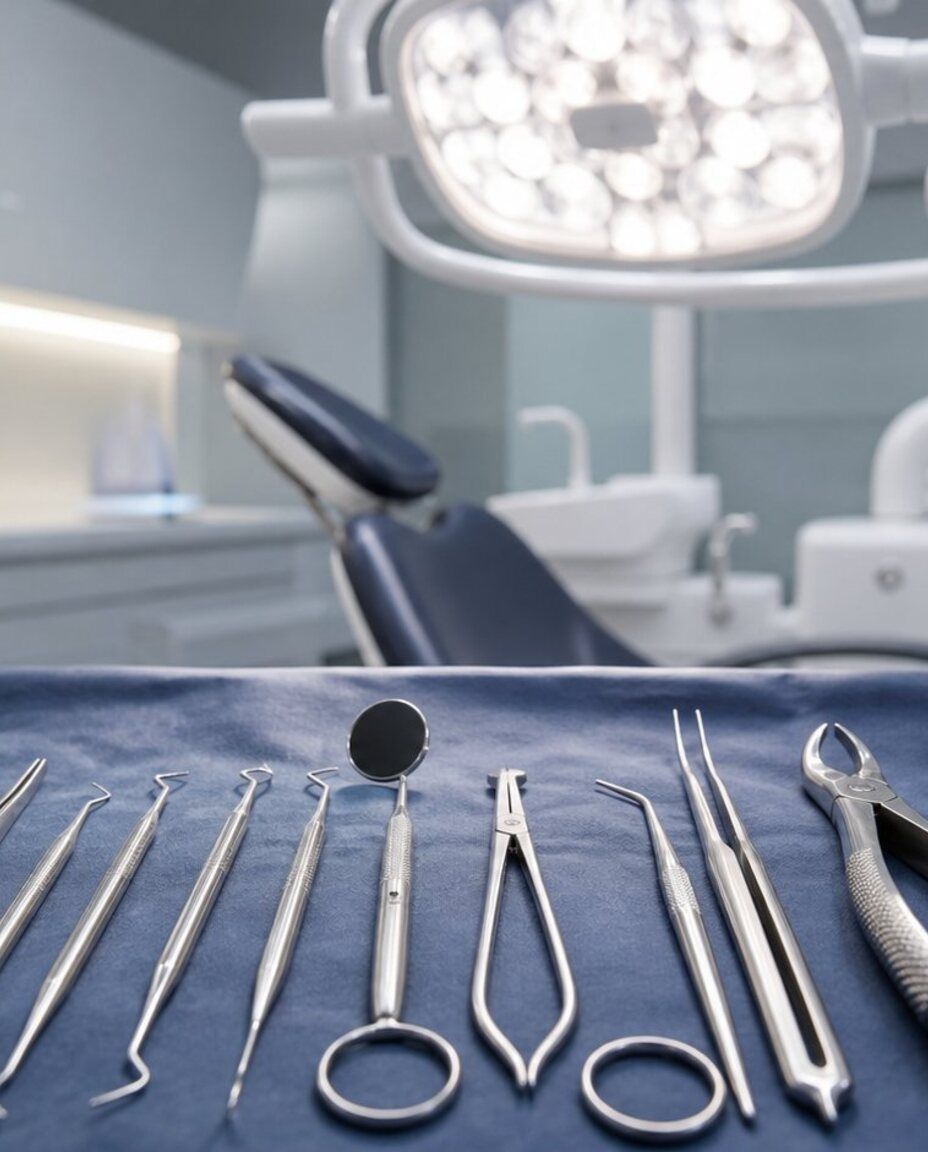 Instruments de chirurgie dentaire préparés sur un champ stérile