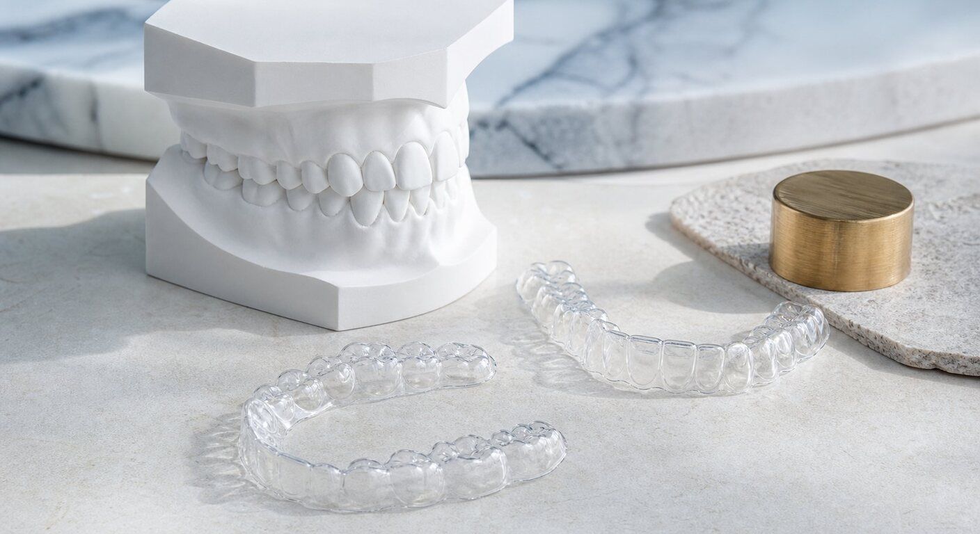 Aligneurs transparents disposés autour d’un modèle dentaire