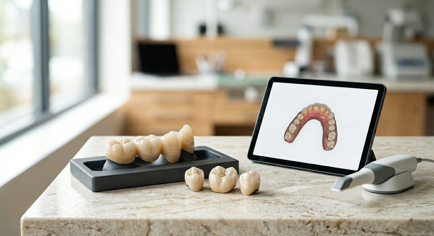 Couronnes et bridges dentaires à côté d'un scanner numérique