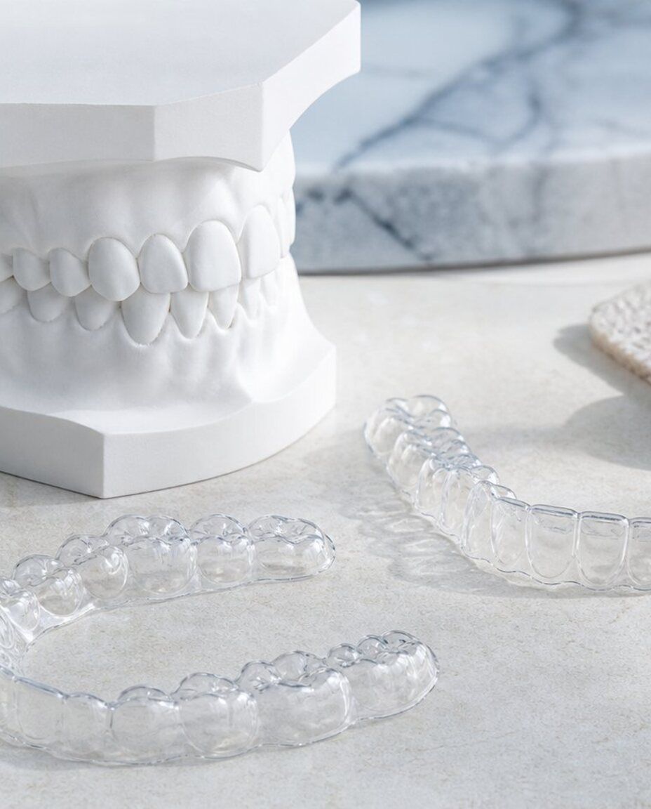 Aligneurs transparents disposés devant un modèle dentaire